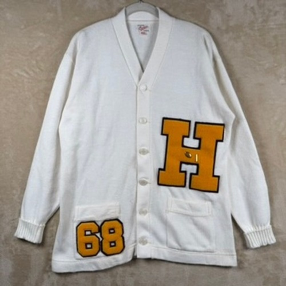 Vintage Badger 1968 Letterman Cardigan Sweater Hinsdale South White Sz 46 Retro